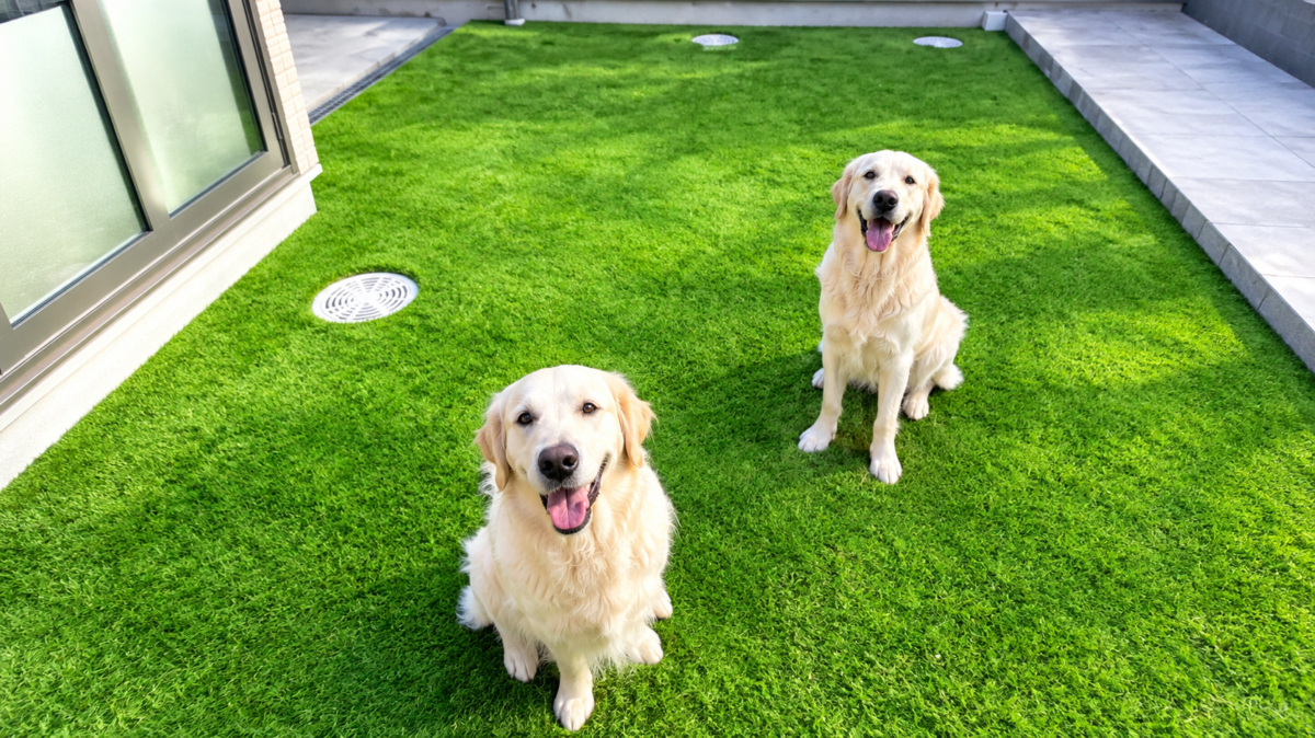 人工芝の庭でくつろぐ2匹の犬